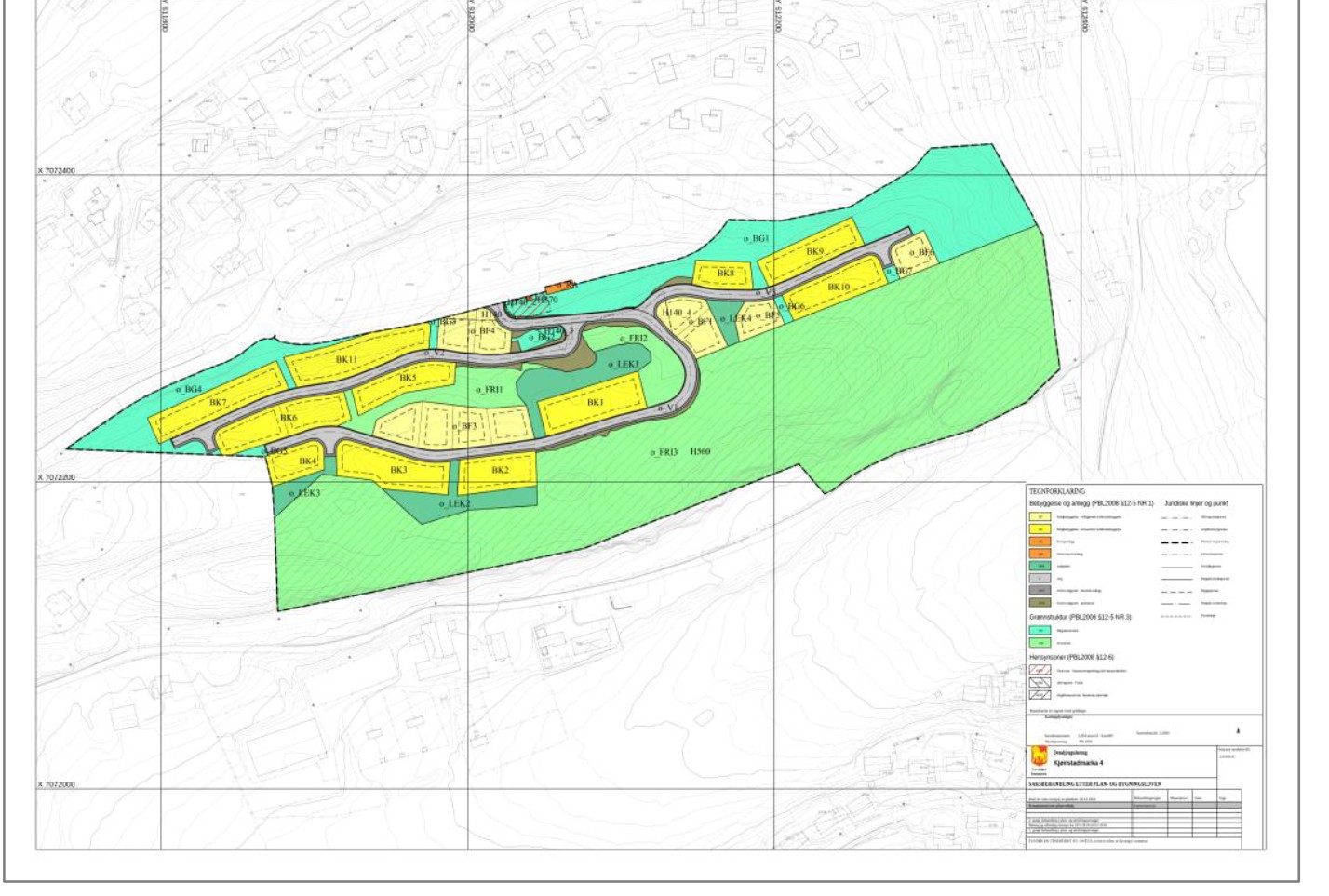 Plankart for Kjønstadmarka 4: gule felt er boliger, grå er veier — lagt midt i dagens skog